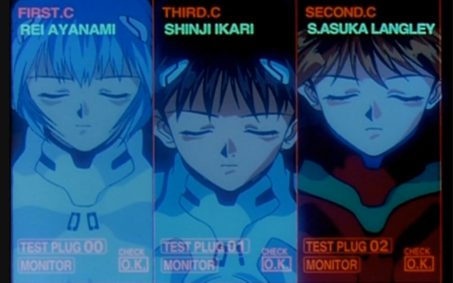 Rei Ayanami, Shinji Ikari and Asuka Langley Soryu sync ratio test, Neon Genesis Evangelion